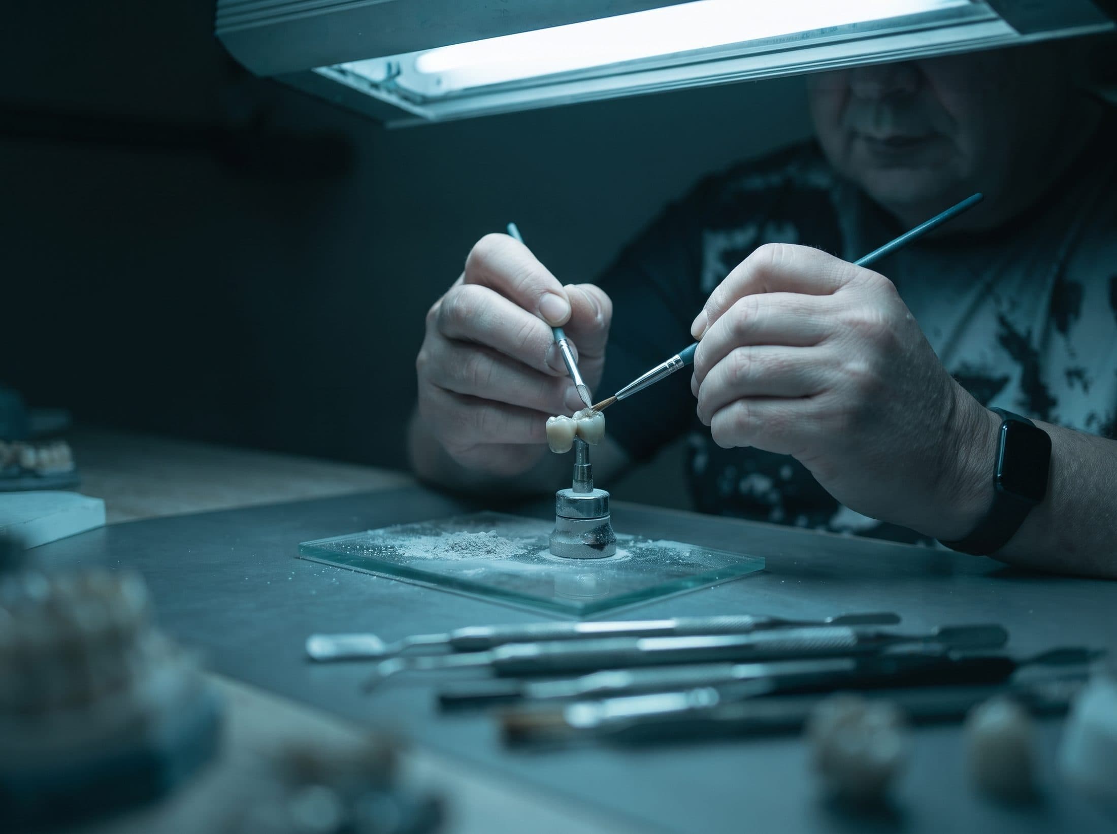 Handarbeit an einer Verblendung, Pinsel und Keramikmasse im Detail.