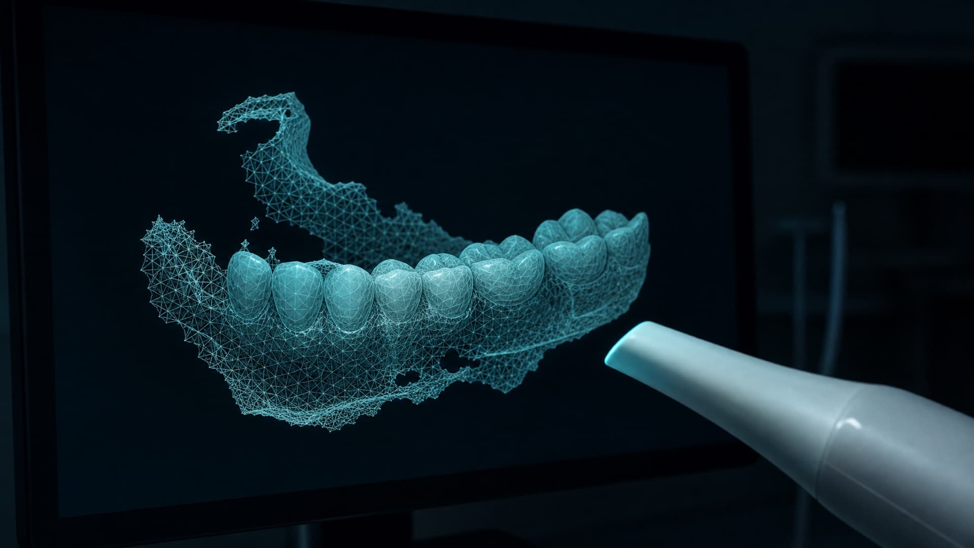 Laufender Intraoralscan, Scanspitze im Bild, markenfreies Gerät.