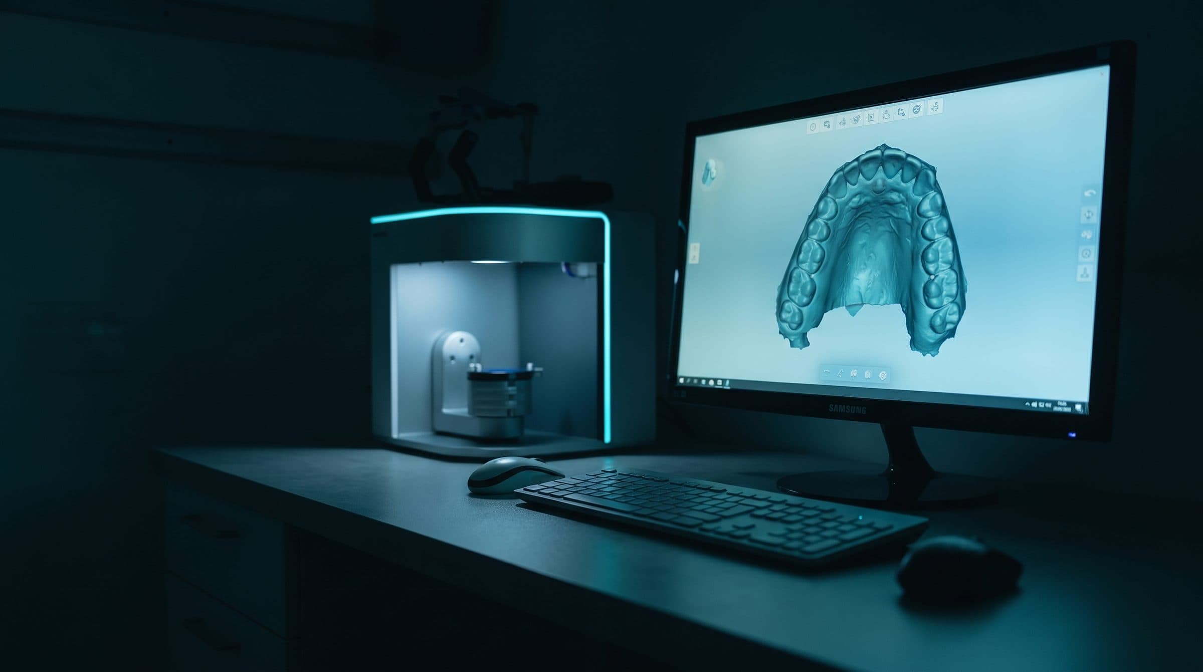 CAD/CAM-Arbeitsplatz mit Konstruktionssoftware im dunklen Labor